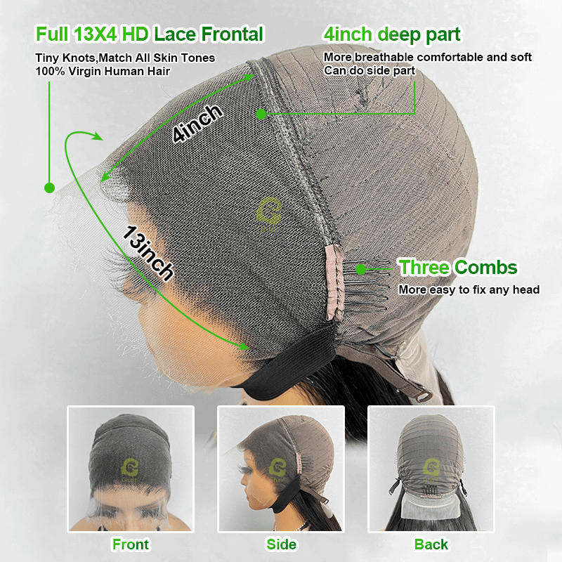 Ghair 13x4 HD Lace Frontal Wigs 180% Density 100% Peruvian Virgin Human Hair Wig