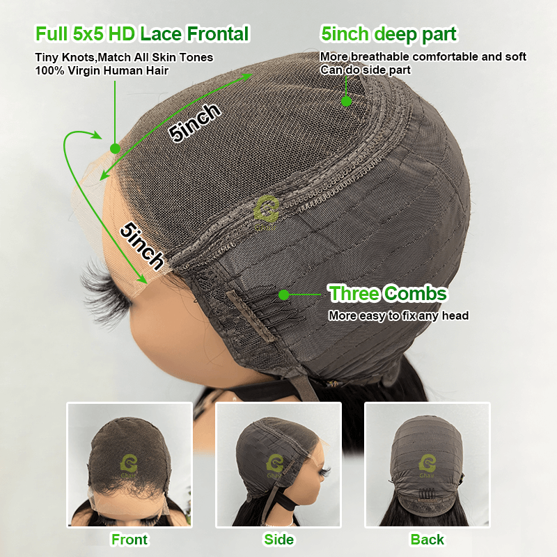 Ghair 5x5 HD Lace Frontal Wigs 180% Density 100% Peruvian Virgin Human Hair Wig