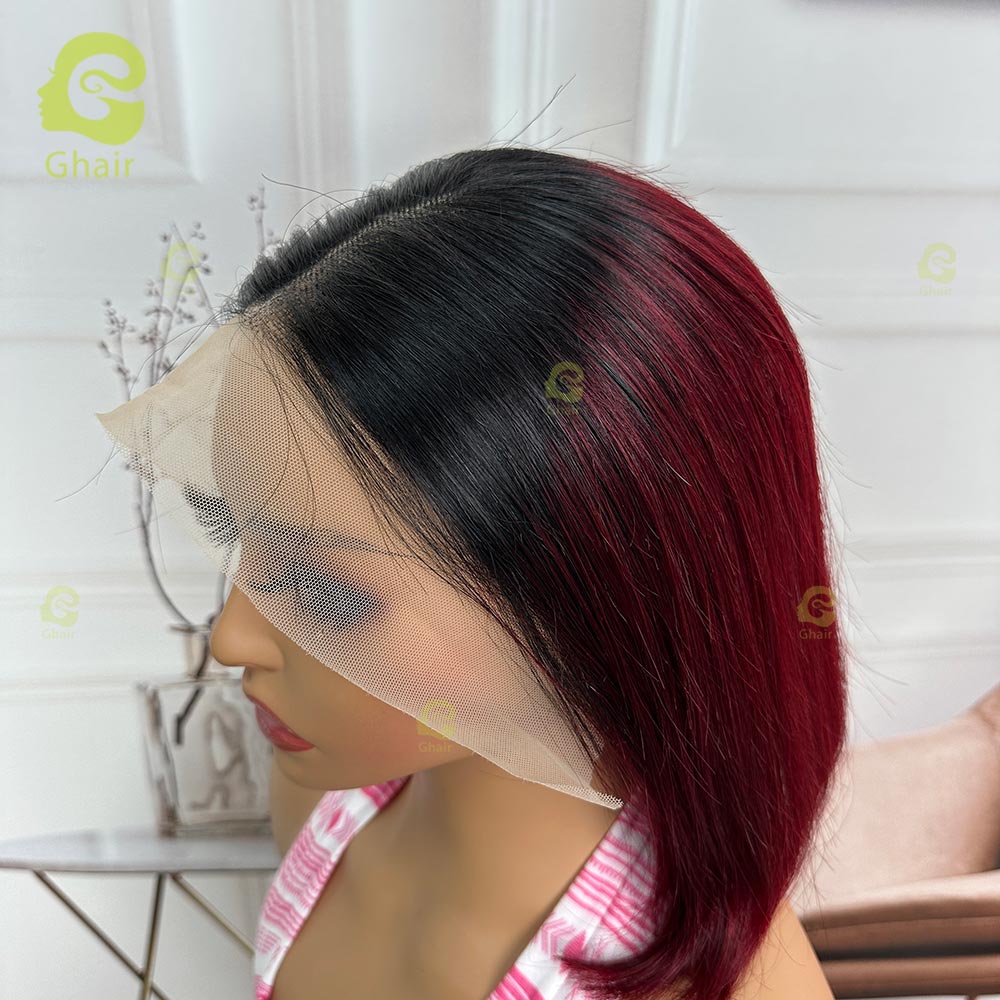 Ghair #1B/99J Dark Red Bob Wigs With Black Roots Ombre 13x4 Transparent Lace Bob Wigs