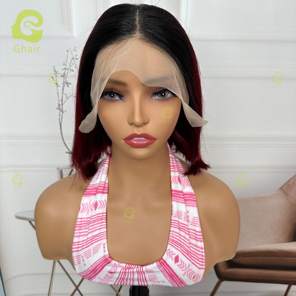 Ghair #1B/99J Dark Red Bob Wigs With Black Roots Ombre 13x4 Transparent Lace Bob Wigs