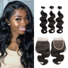 Load image into Gallery viewer, Ghair 100% Virgin Human Hair 3 Bundles With 4x4 HD Lace Closure 12A Body Wave Hair Brazilian Hair
