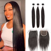 Load image into Gallery viewer, Ghair 100% Virgin Human Hair 3 Bundles With 4x4 HD Lace Closure 12A Straight Wave Hair Brazilian Hair
